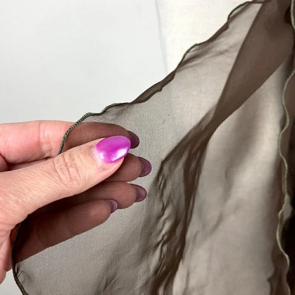 VINTAGE | Long Sheer Brown Scarf w/Green Stitched Edge